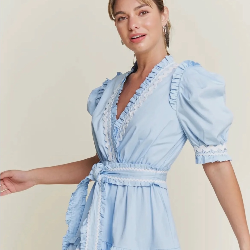 Light Blue Ruffle Wrap Mini Dress - Picture 2 of 4
